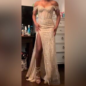 Beaded Off Shoulder Slit Gown by Ladivine